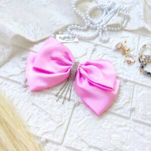 Baby Pink 2 layer hair bow with hanging stone chain