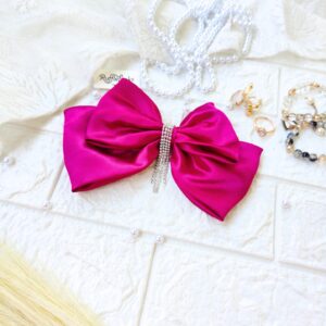 Magenta Pink 2 layer hair bow with hanging stone chain