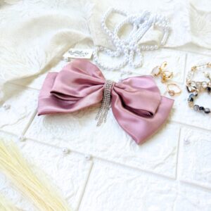 Shimmering Pink 2 layer hair bow with hanging stone chain