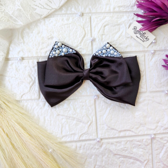 Black Two Layer Hair Bow with Pearl
