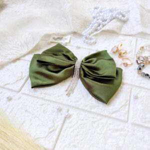 Avacado Green 2 layer hair bow with hanging stone chain