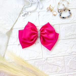 Bright Pink 2 layer hair bow with stone chain