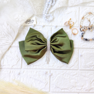 Avocado Green 2 layer hair bow with hanging stone chain