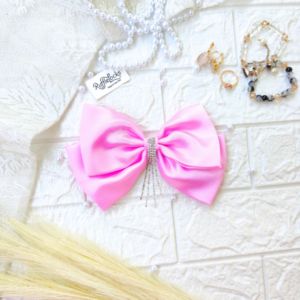 Baby Pink 2 layer hair bow with hanging stone chain