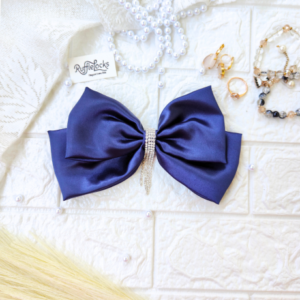 Navy Blue 2 layer hair bow with hanging stone chain