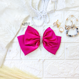 Magenta Pink 2 layer hair bow with hanging stone chain