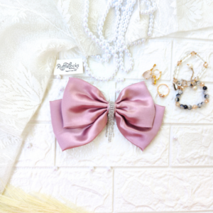 Shimmering Pink 2 layer hair bow with hanging stone chain