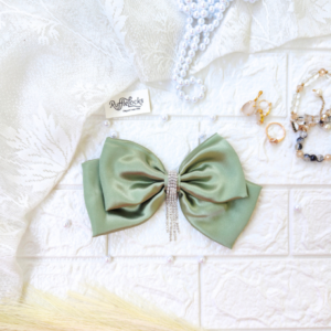 Olive Green 2 layer hair bow with hanging stone chain