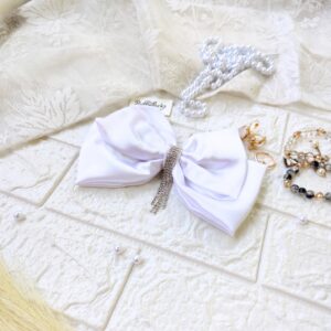white 2 layer hair bow with hanging stone chain