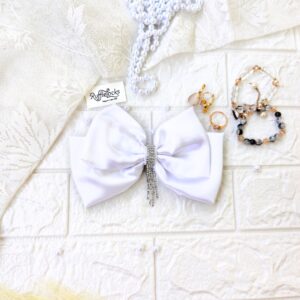 white 2 layer hair bow with hanging stone chain