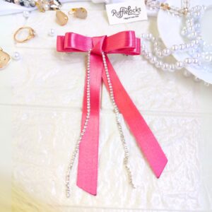 Flamingo Pink Ribbon Bow with stone chain