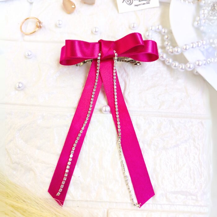 Magenta Pink Ribbon Bow with stone chain