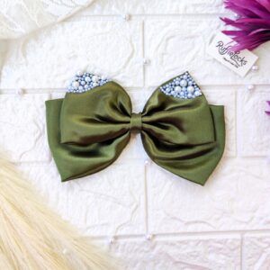 Avocado Green 2 layer hair bow with pearls