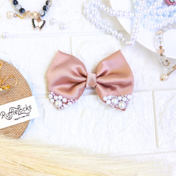 Hazelnut Small hair Bow Clips with pearls