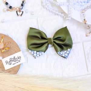 Avocado Green Small Hair Bow Clips with pearls