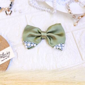 Olive Green Small Hair Bow Clips with pearls