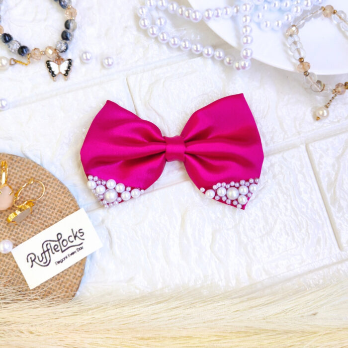 Magenta Pink Small hair Bow Clips with pearls