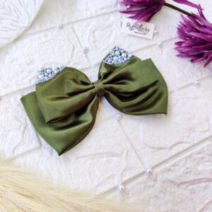 Avocado Green 2 layer hair bow with pearls
