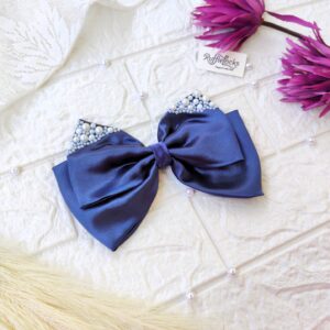 Navy Blue 2 layer hair bow with pearls
