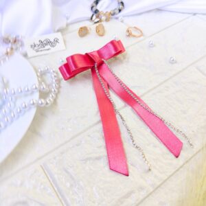 Flamingo Pink Ribbon Hair Bow with stone chain