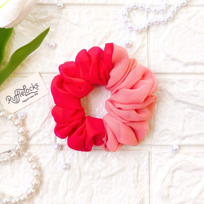 DOUBLE TONE Georgette scrunchies bright pink and peach