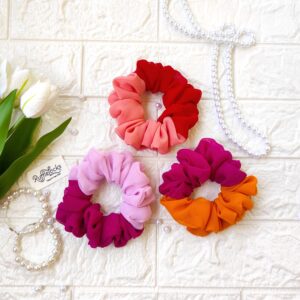 Georgette scrunchies Lavender, Peach, Maroon, Mustar Yellow, Magenta Pink colour image